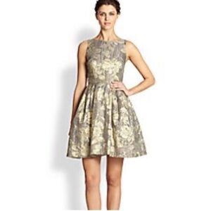 Cynthia Rowley gold jacquard fit and flare dress w pockets. Xs 0 holiday